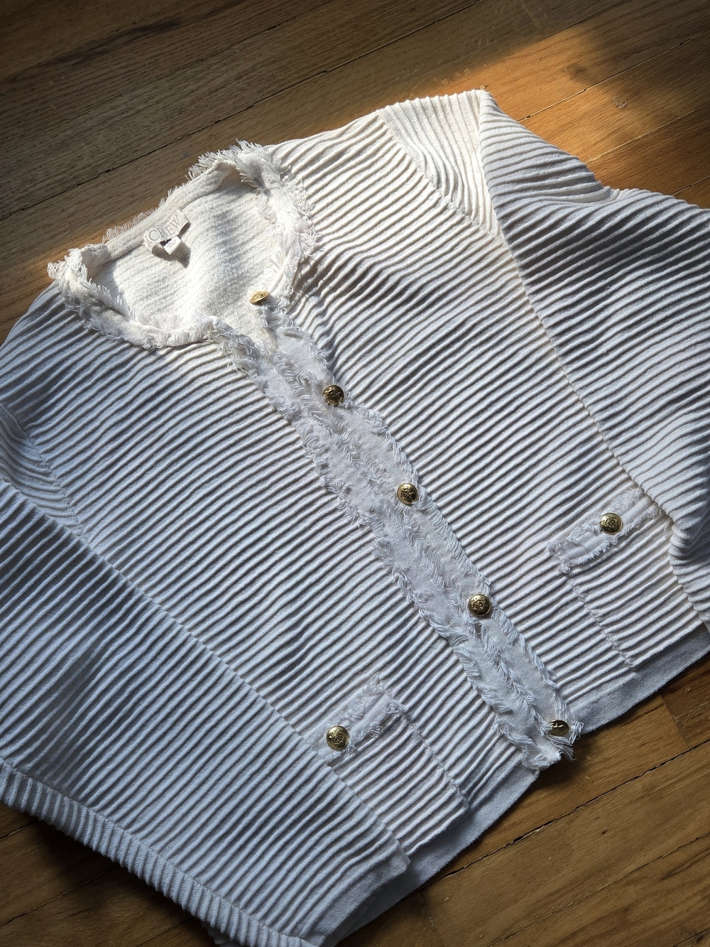 J. Crew White Textured Fringe-Trim Cardigan